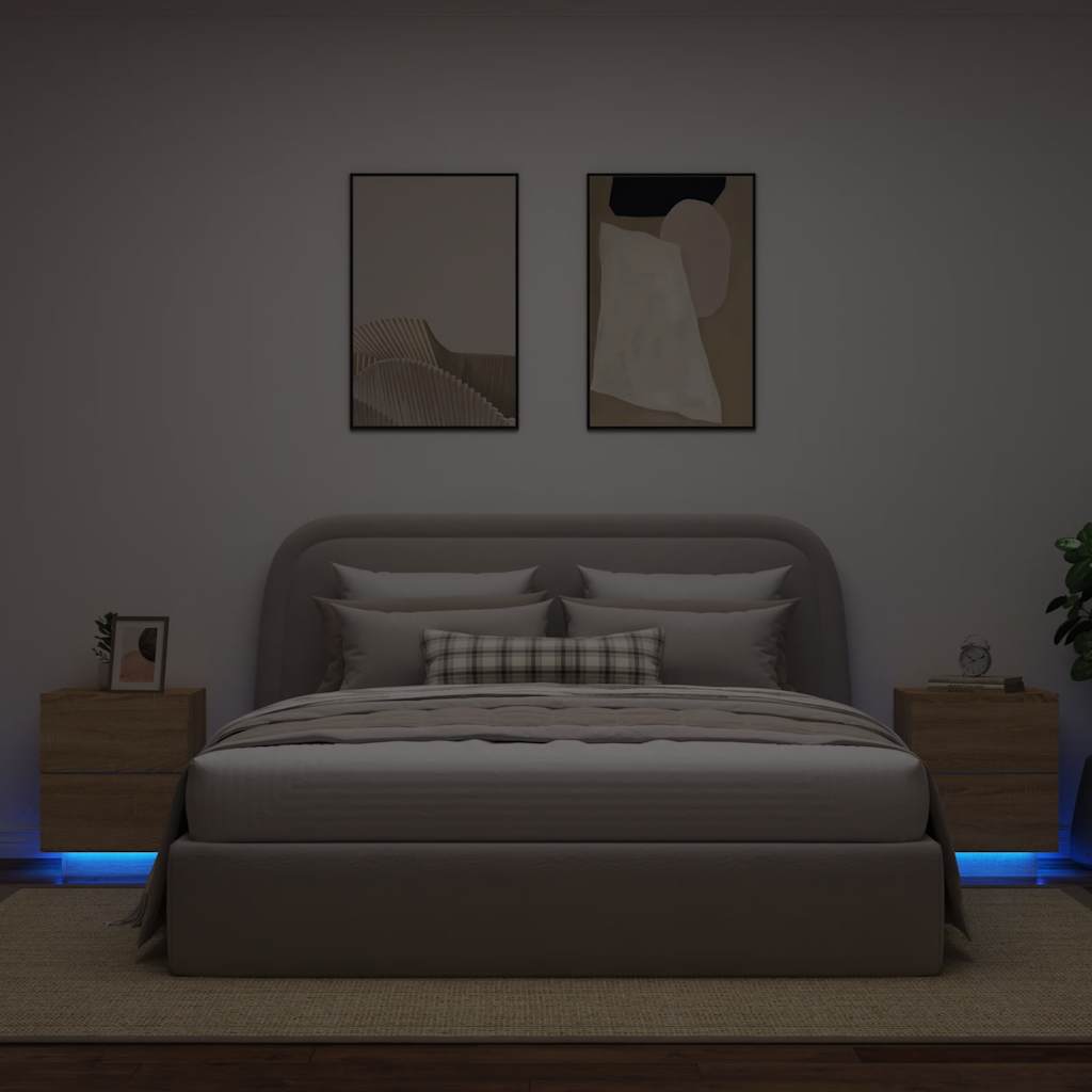 HKH Conjunto de 2 Mesas de Cabeceira com Luz Led em Derivados de Madeira Sonoma em Carvalho