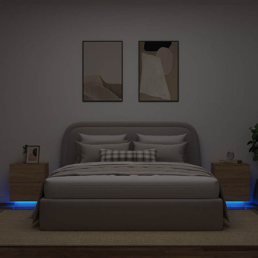 HKH Conjunto de 2 Mesas de Cabeceira com Luz Led em Derivados de Madeira Sonoma em Carvalho