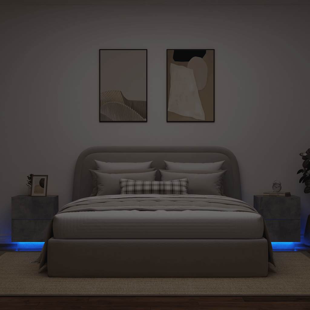 HKH Conjunto de 2 Mesas de Cabeceira com Luz Led em Derivados de Madeira Cinza Cimento