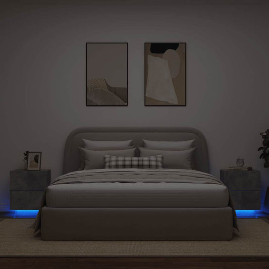 HKH Conjunto de 2 Mesas de Cabeceira com Luz Led em Derivados de Madeira Cinza Cimento