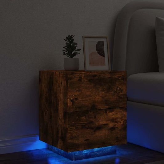 HKH Mesa Cabeceira com Luzes Led em Derivados de Madeira Fumado em Carvalho