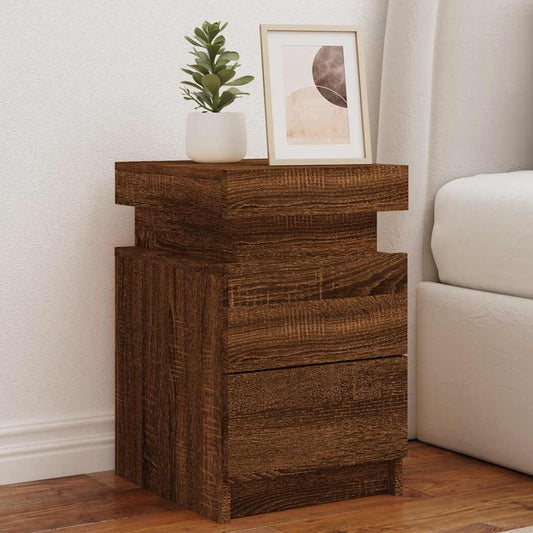 HKH Conjunto de 2 Mesas de Cabeceira com Luzes Led Castanho em Carvalho