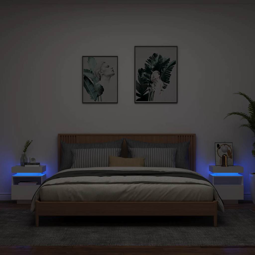 HKH Conjunto de 2 Mesas de Cabeceira com Luz Led - Branco