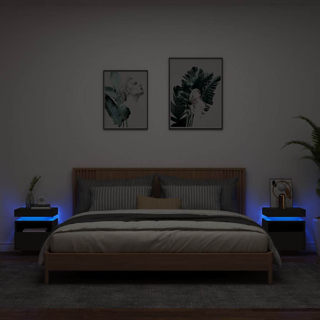 HKH Conjunto de 2 Mesas de Cabeceira com Luz Led - Preto
