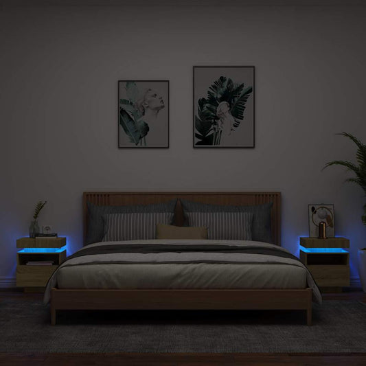 HKH Conjunto de 2 Mesas de Cabeceira com Luzes Led Sonoma em Carvalho