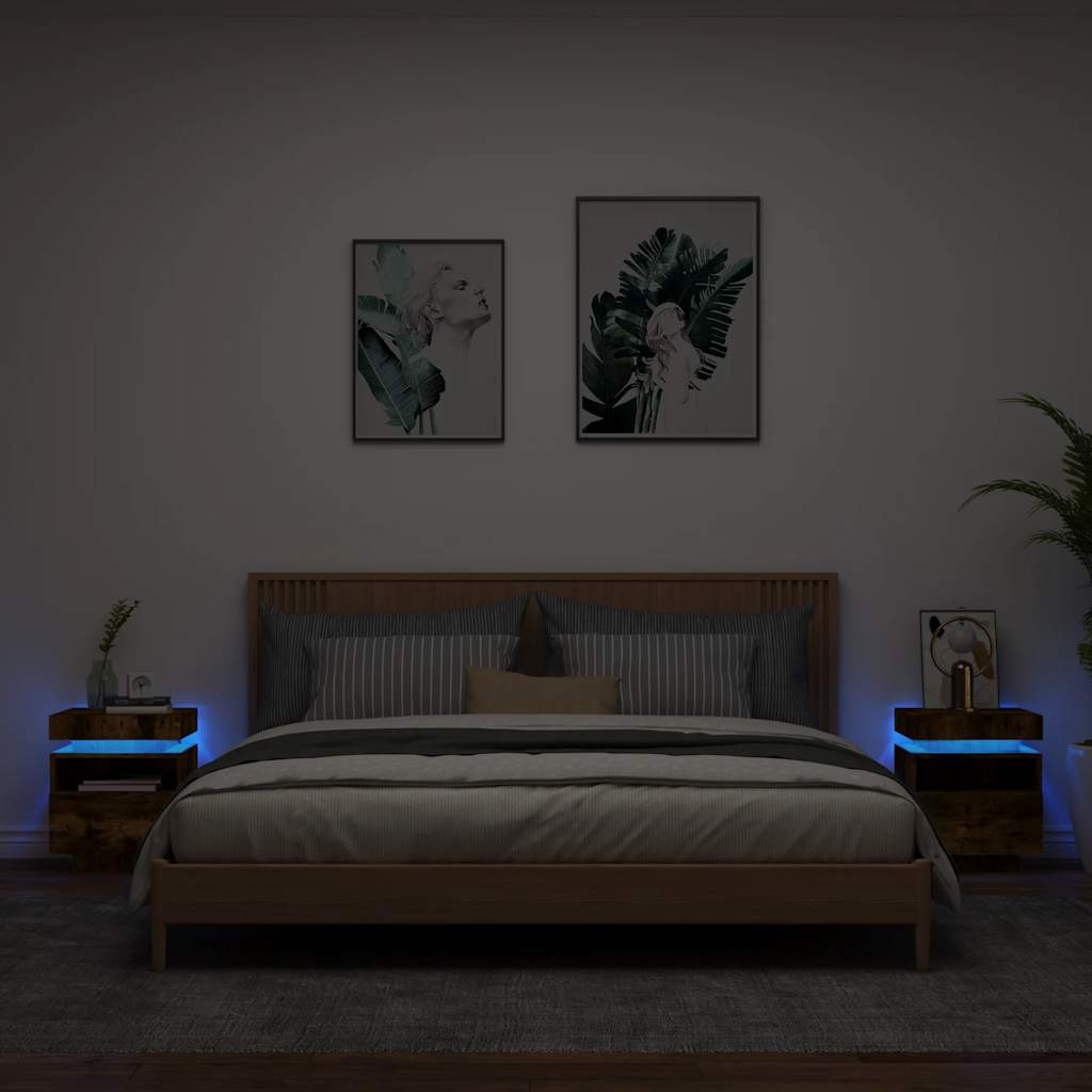 HKH Conjunto de 2 Mesas de Cabeceira com Luzes Led Fumado em Carvalho