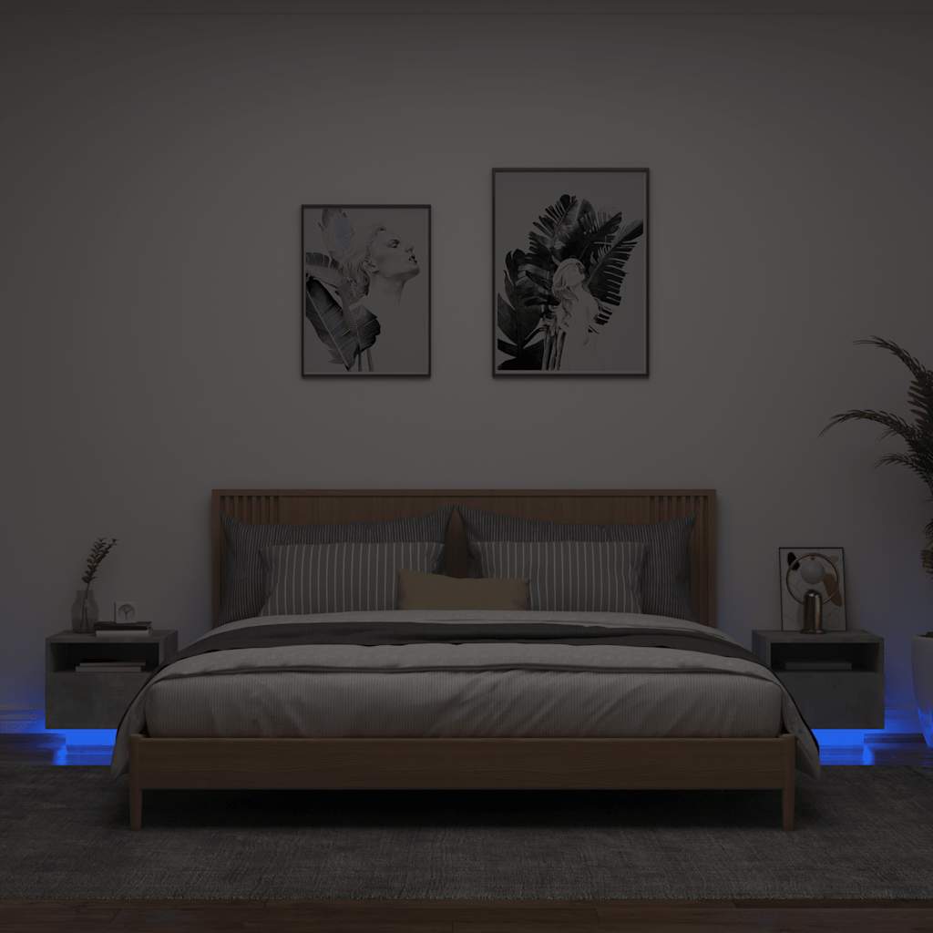 HKH Conjunto de 2 Mesas de Cabeceira com Luzes Led - Cinza Cimento