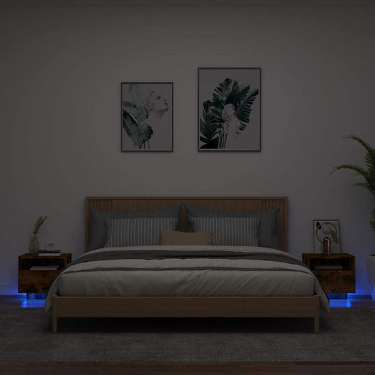 HKH Conjunto de 2 Mesas de Cabeceira com Luzes Led Fumado em Carvalho