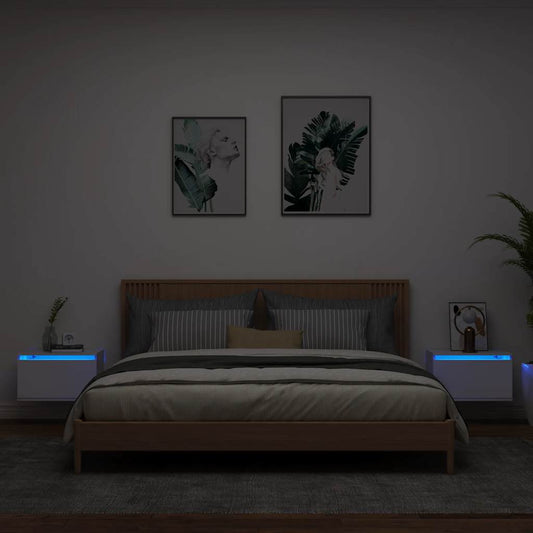 HKH Conjunto de 2 Mesas de Cabeceira de Parede com Luzes Led - Branco