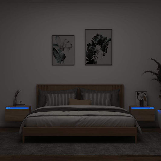 HKH Conjunto de 2 Mesas de Cabeceira de Parede com Luzes Led Sonoma em Carvalho