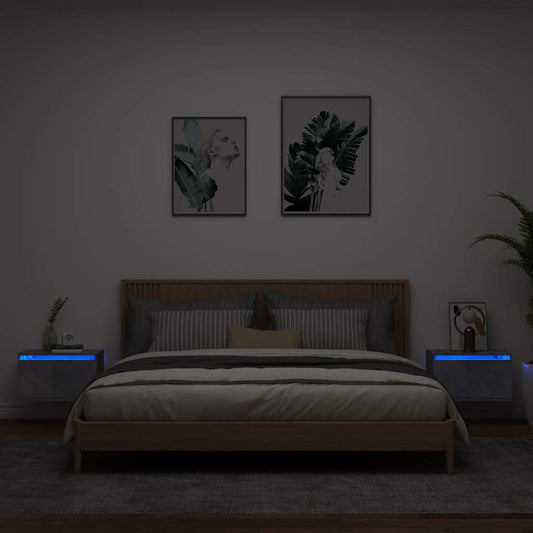 HKH Conjunto de 2 Mesas de Cabeceira de Parede com Luzes Led - Cinza Cimento