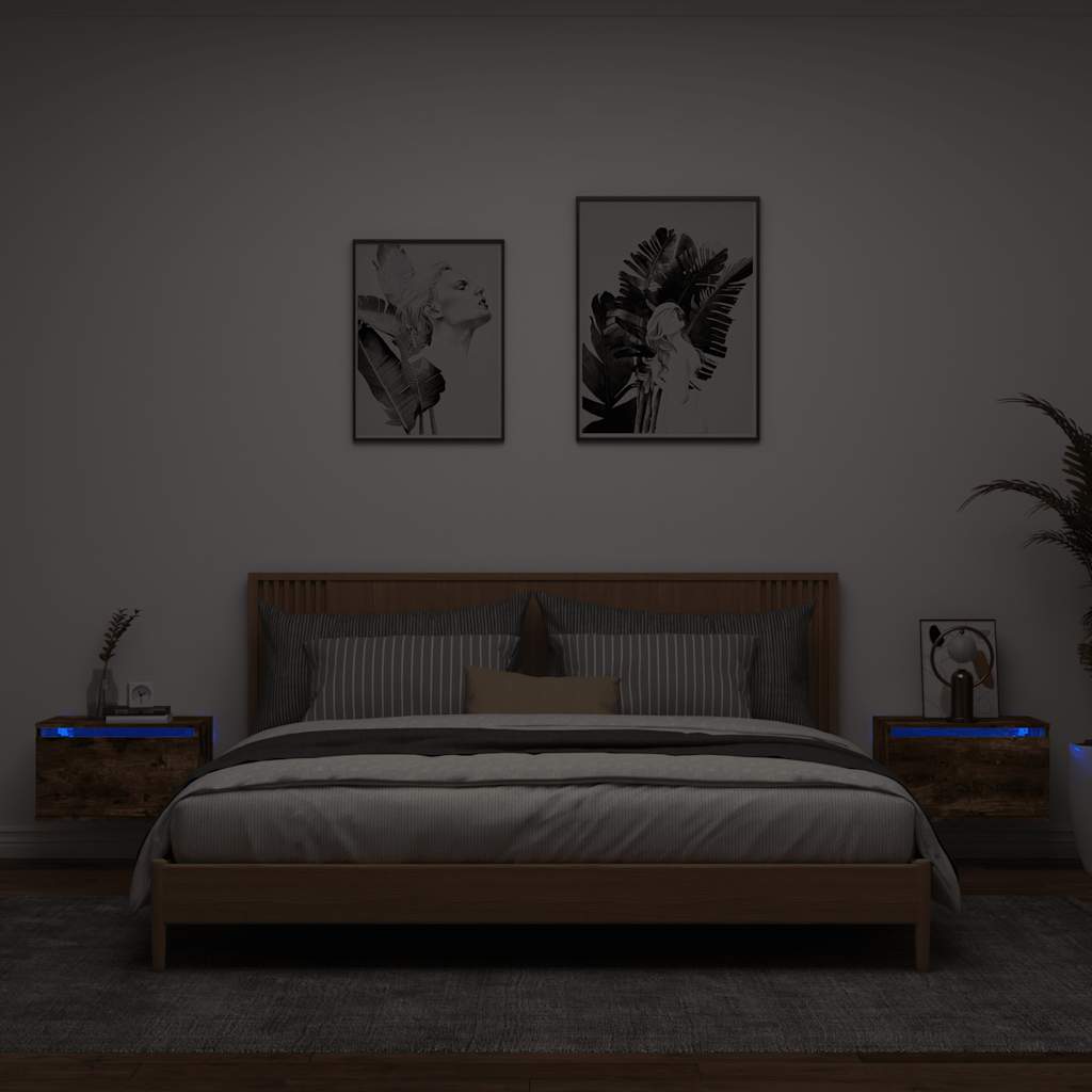 HKH Conjunto de 2 Mesas de Cabeceira de Parede com Luzes Led Fumado em Carvalho