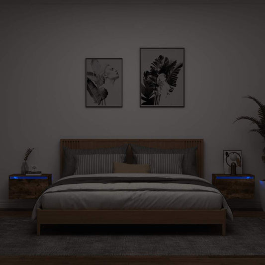 HKH Conjunto de 2 Mesas de Cabeceira de Parede com Luzes Led Fumado em Carvalho