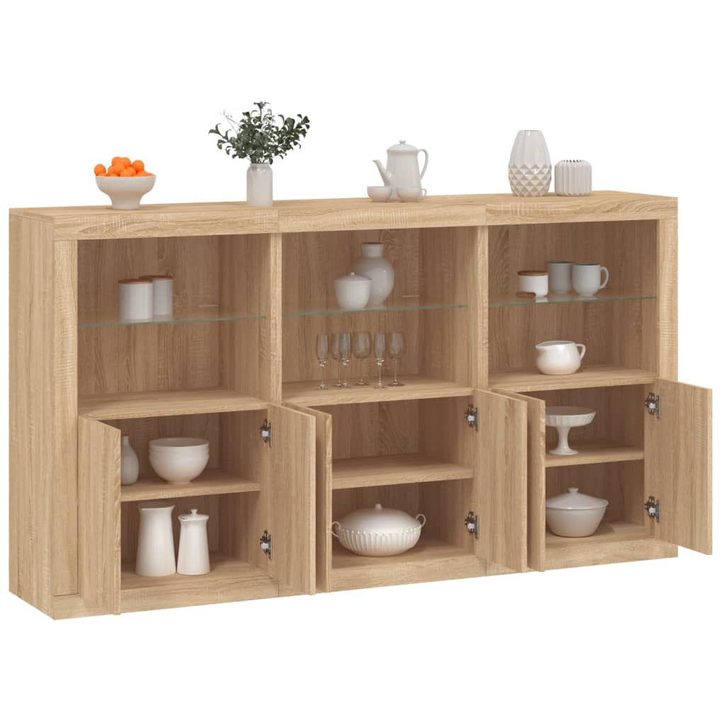 Aparador alto HKH en derivados de madera, cristal con luces led 181,5 X 37 X 100 Cm - Roble Sonoma
