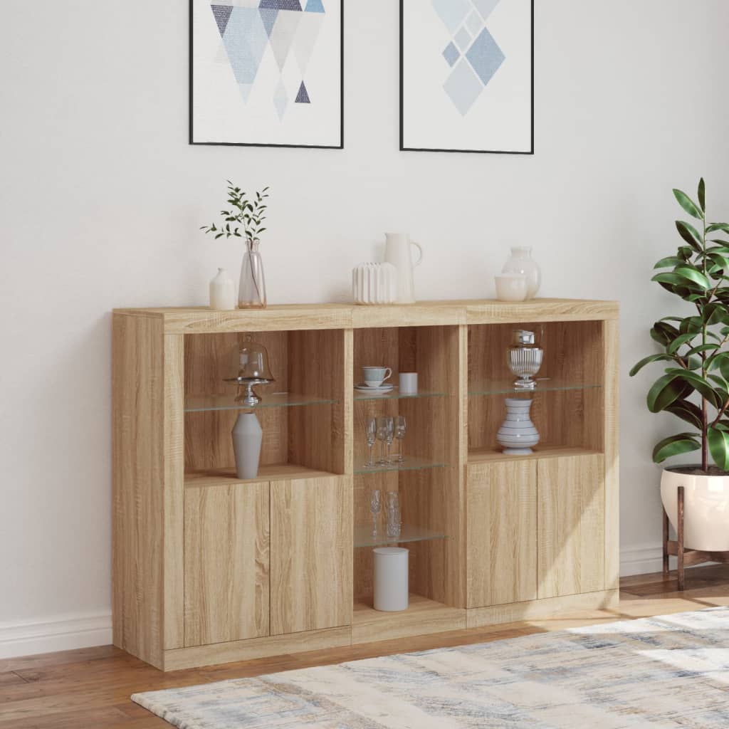 HKH Aparador Alto em derivados de Madeira, Vidro com Luzes Led 162 X 37 X 100 Cm - Carvalho Sonoma
