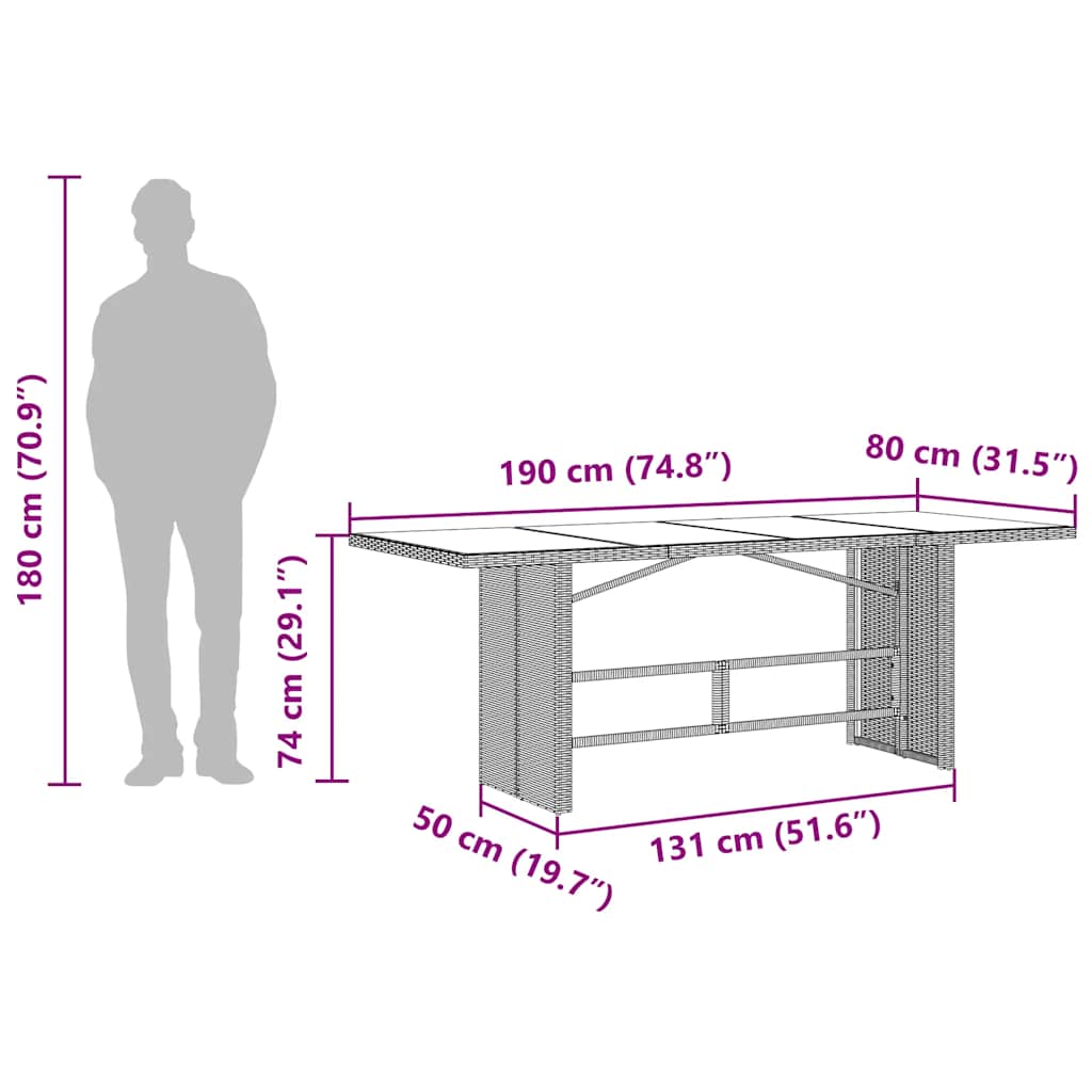Mesa de Jardín HKH con Tapa de Cristal 190x80x74 Cm Mimbre PE - Negro