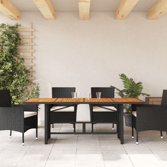 Mesa de jardín HKH con tablero de acacia de 190x80x74 cm, mimbre PE - Negro