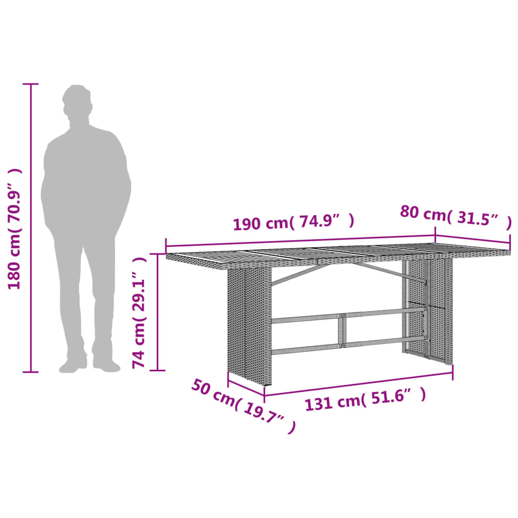 HKH Mesa de Jardim com Tampo em Acácia 190x80x74 Cm Vime Pe - Bege