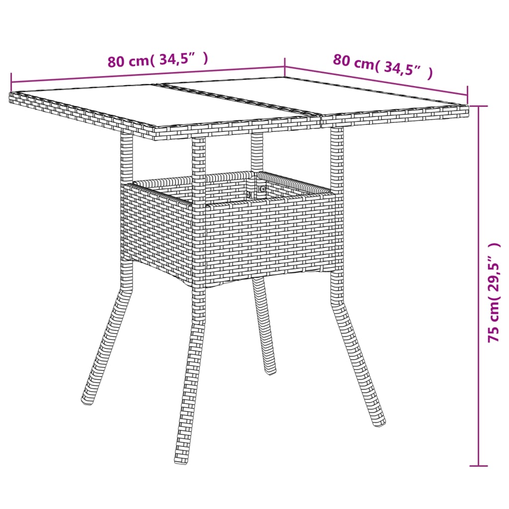 Mesa de Jardín HKH con Tapa de Cristal 80x80x75 cm Mimbre Pie Marrón - Marrón