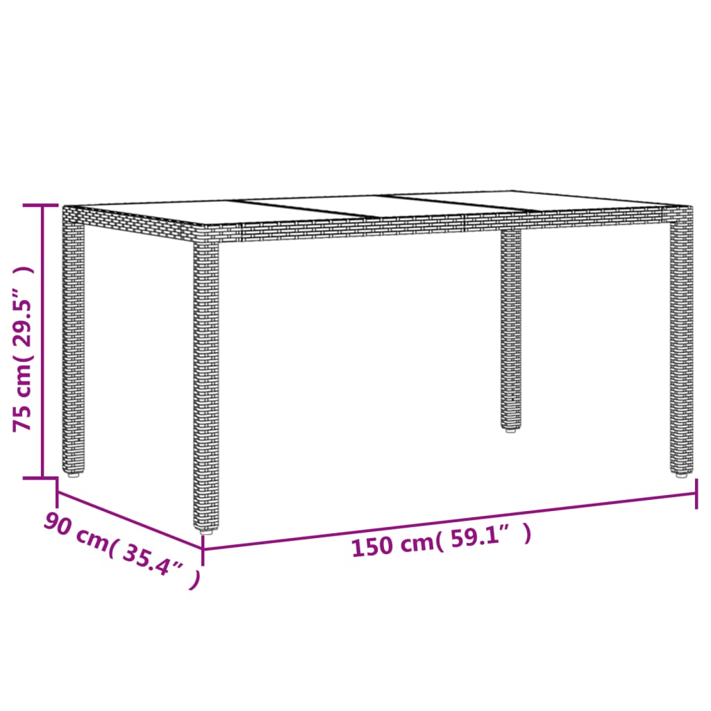 Mesa de Jardín HKH con Tapa de Cristal 150x90x75 Cm Mimbre PE - Gris