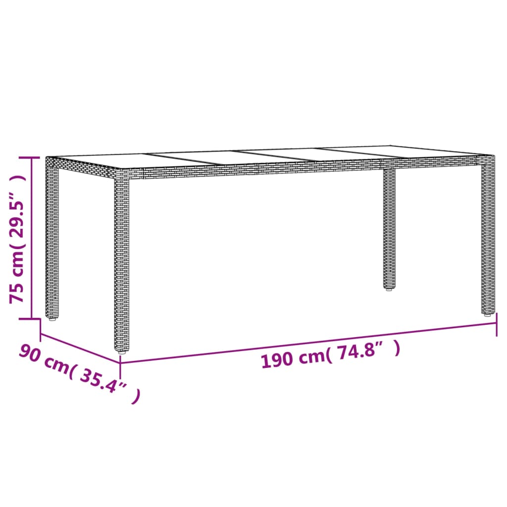 HKH Mesa de Jardim com Tampo de Vidro 190x90x75 Cm Vime Pe - Bege