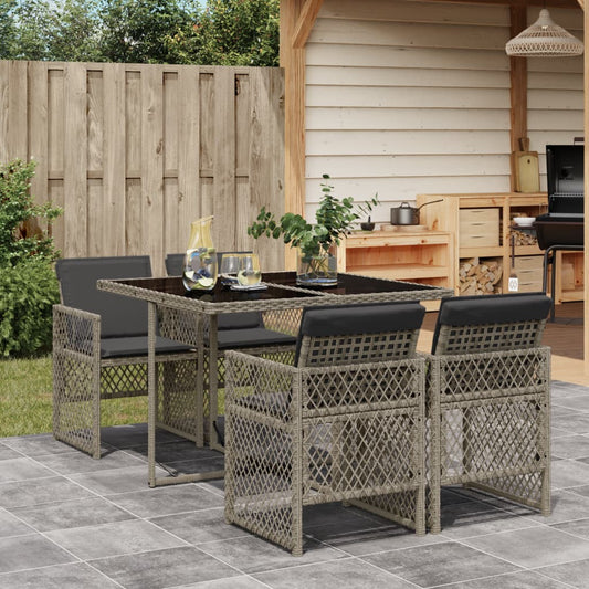 HKH 5 Pcs Conjunto de Jantar P/ Jardim C/ Almofadões Vime Pe Cinza - Cinzento