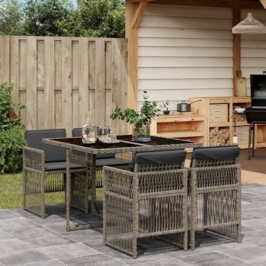 HKH 5 Pcs Conjunto de Jantar P/ Jardim C/ Almofadões Vime Pe Cinza - Cinzento