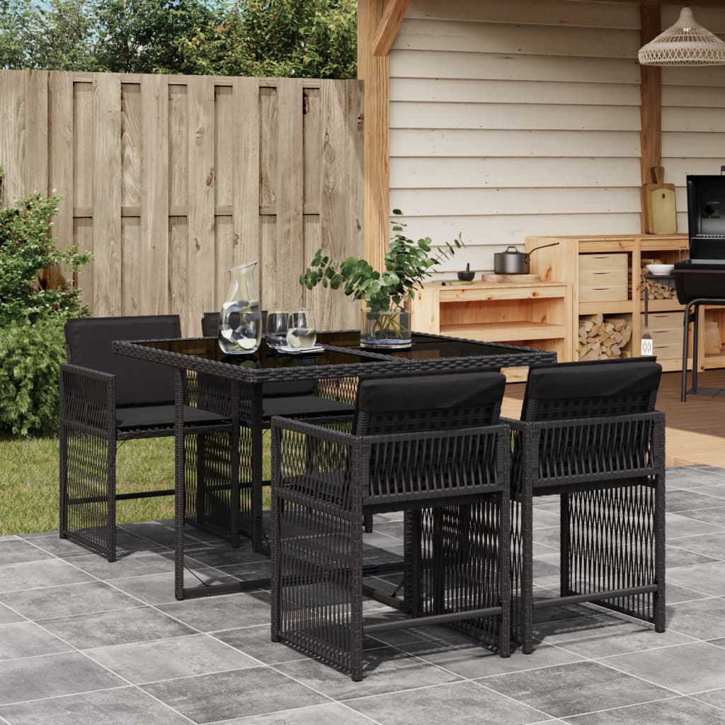 HKH 5 Pcs Conjunto de Jantar P/ Jardim C/ Almofadões Vime Pe - Preto