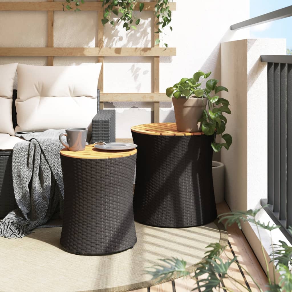 HKH Mesas de Apoio P/ Jardim C/ Tampo de Madeira 2pcs Vime Pe - Preto