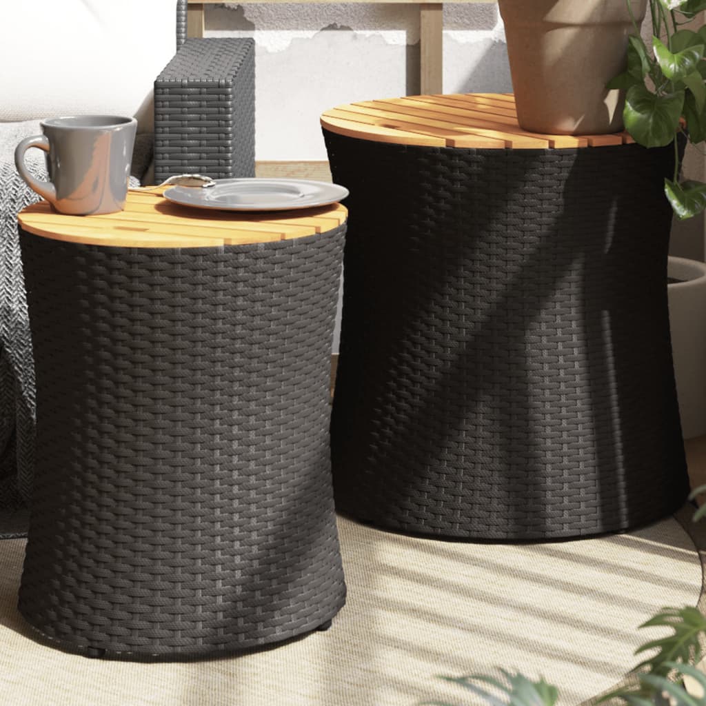 HKH Mesas de Apoio P/ Jardim C/ Tampo de Madeira 2pcs Vime Pe - Preto