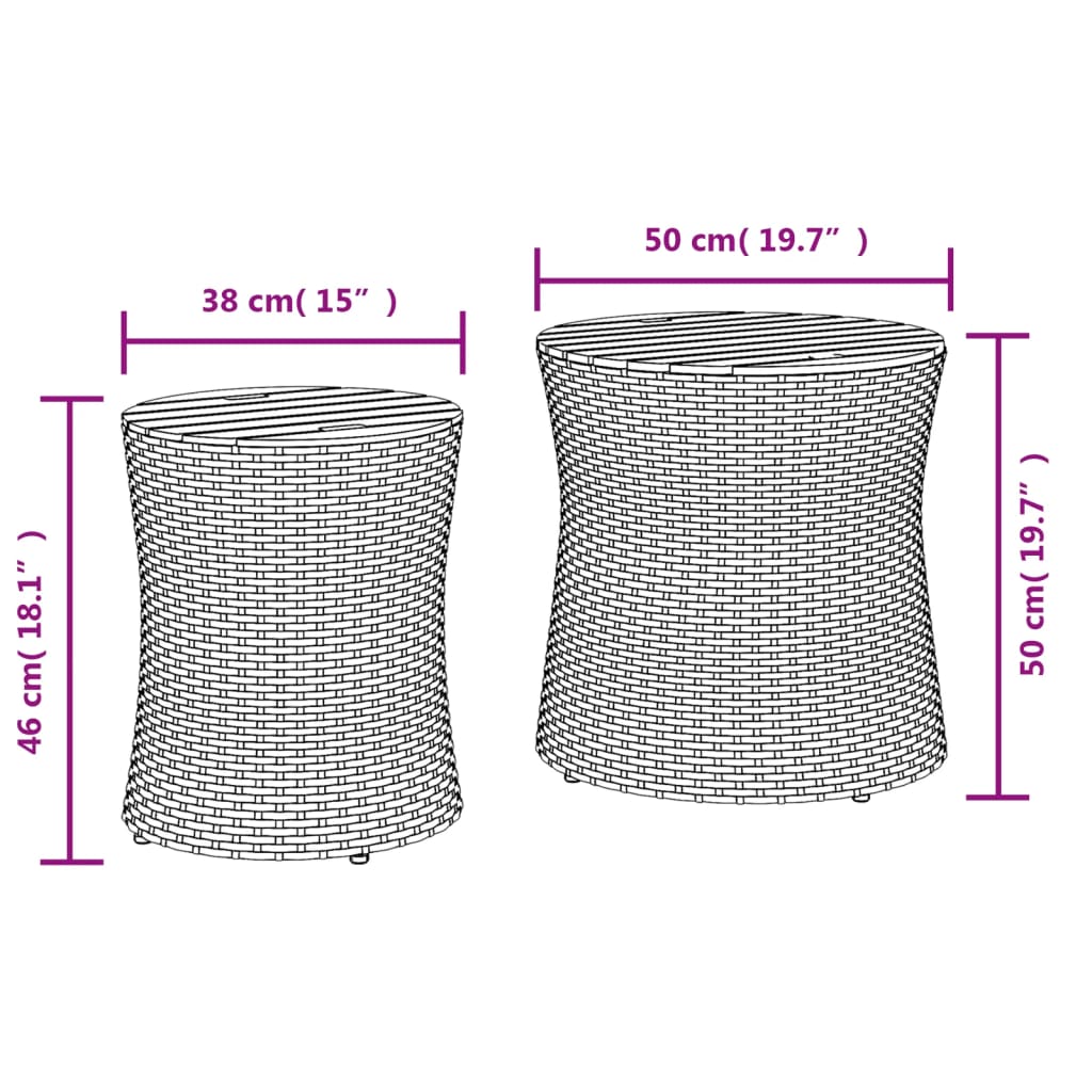 HKH Mesas de Apoio P/ Jardim C/ Tampo de Madeira 2pcs Vime Pe Cinza - Cinzento