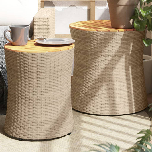 HKH Mesas de Apoio P/ Jardim C/ Tampo de Madeira 2pcs Vime Pe - Bege