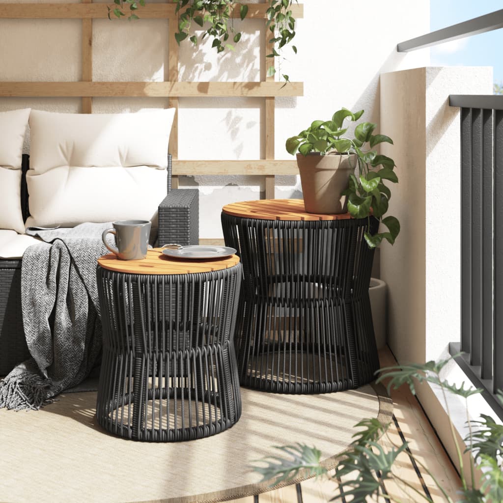 HKH Mesas de Apoio P/ Jardim C/ Tampo de Madeira 2pcs Vime Pe - Preto