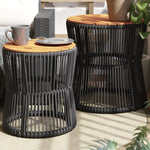 HKH Mesas de Apoio P/ Jardim C/ Tampo de Madeira 2pcs Vime Pe - Preto