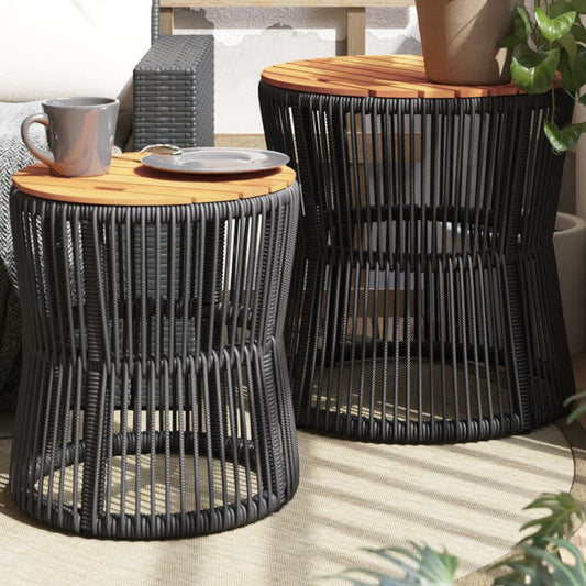HKH Mesas de Apoio P/ Jardim C/ Tampo de Madeira 2pcs Vime Pe - Preto