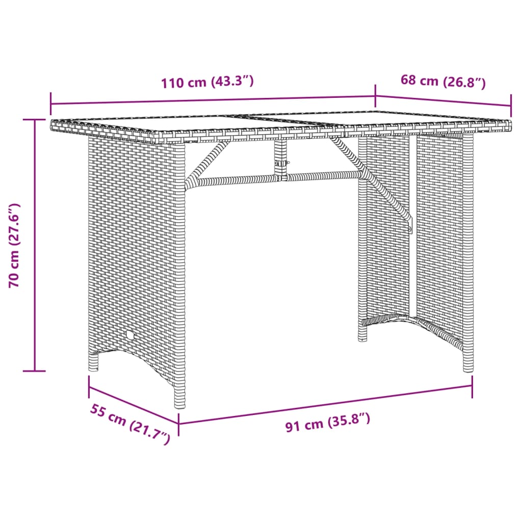 HKH Mesa de Jardim com Tampo de Vidro 110x68x70 Cm Vime Pe Castanho - Marrom