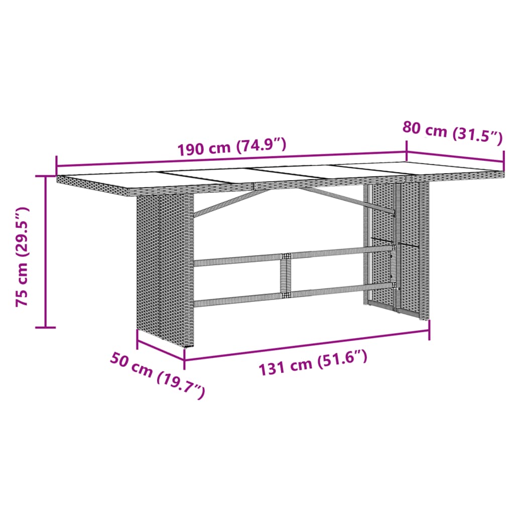 HKH Mesa de Jardim com Tampo de Vidro 190x80x75 Cm Vime Pe Castanho - Marrom
