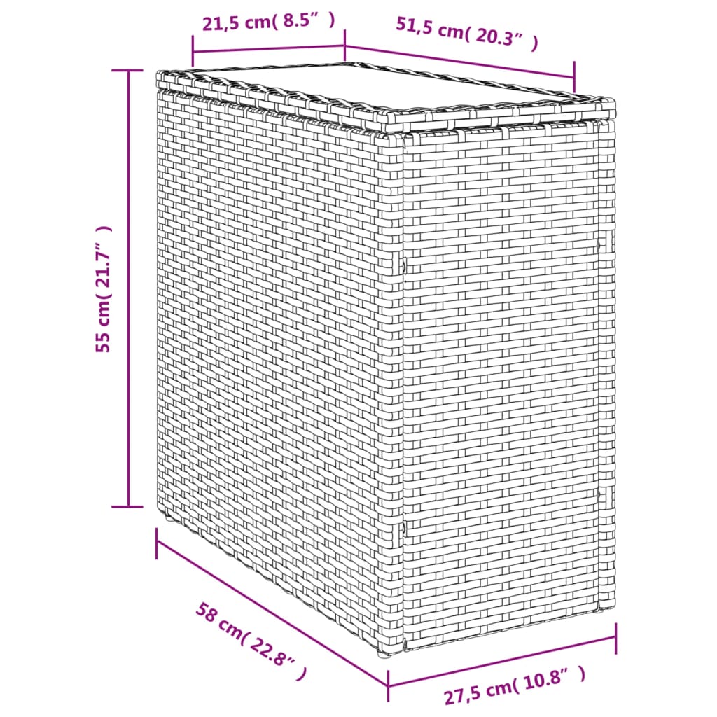 HKH Mesa Auxiliar de Jardín Tapa de Cristal 58x27,5x55 Cm Mimbre Patas Marrones - Marrón