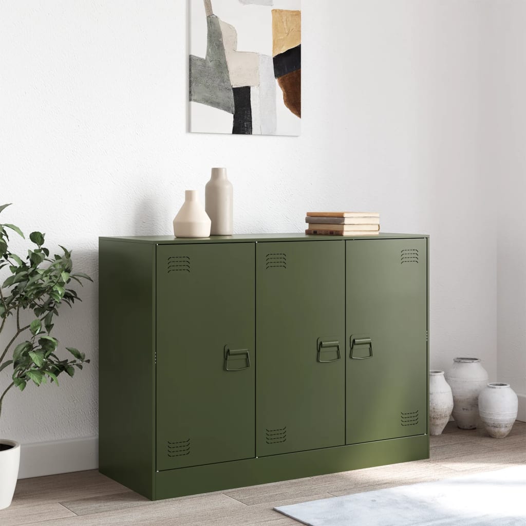 Aparador moderno HKH de acero laminado en frío con 3 puertas 99 x 39 x 73 cm - Verde oliva