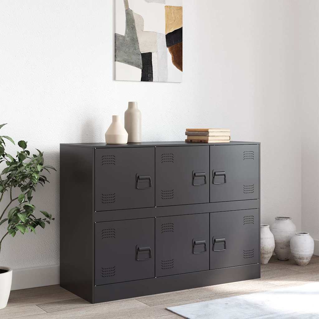 Aparador moderno HKH de acero laminado en frío con 6 asas metálicas, 99 x 39 x 73 cm - Negro