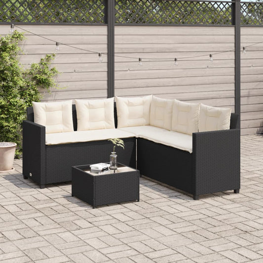 HKH Sofá de Jardim em Forma de L C/ Mesa e Almofadões Vime Pe - Preto