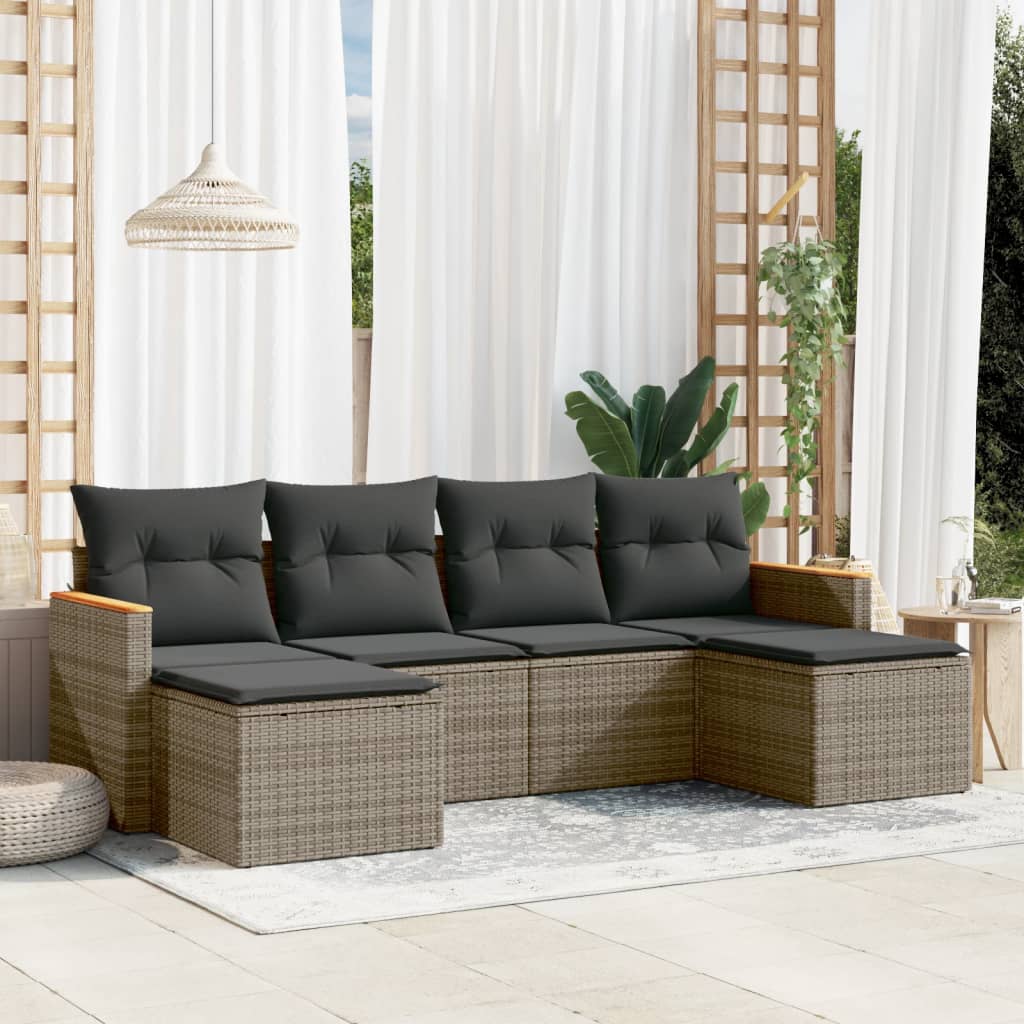 HKH 6 Pcs Conjunto Sofás de Jardim com Almofadões Vime - Cinzento
