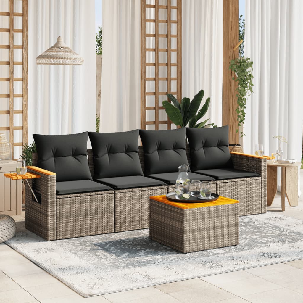 HKH 5 Pcs Conjunto Sofás de Jardim C/ Almofadões Vime Pe - Cinzento