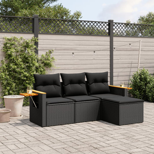 HKH 4 Pcs Conjunto de Sofás para Jardim C/ Almofadões Vime Pe - Preto