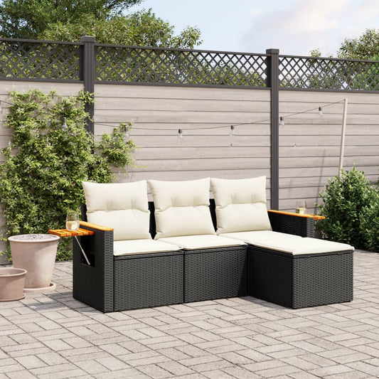 HKH 4 Pcs Conjunto de Sofás para Jardim C/ Almofadões Vime Pe - Preto