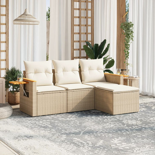 HKH 4 Pcs Conjunto de Sofás para Jardim C/ Almofadões Vime Pe - Bege