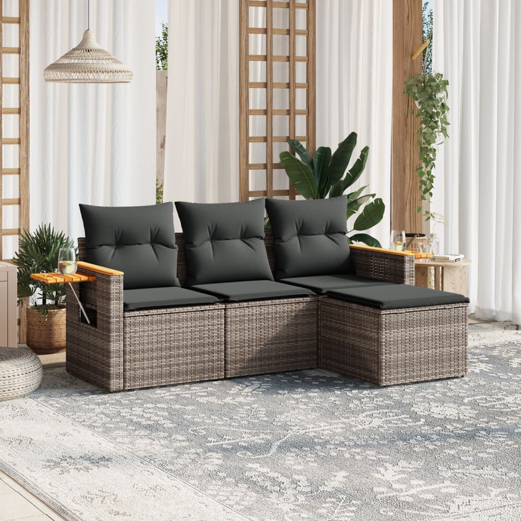 HKH 4 Pcs Conjunto Sofás de Jardim C/ Almofadões Vime Pe - Cinzento