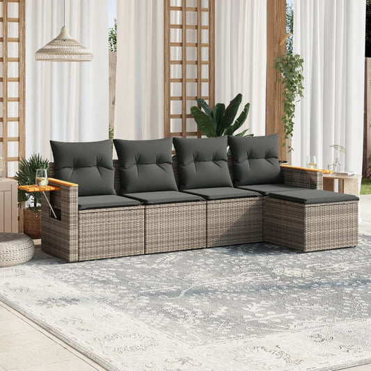 HKH 5 Pcs Conjunto Sofás de Jardim C/ Almofadões Vime Pe - Cinzento