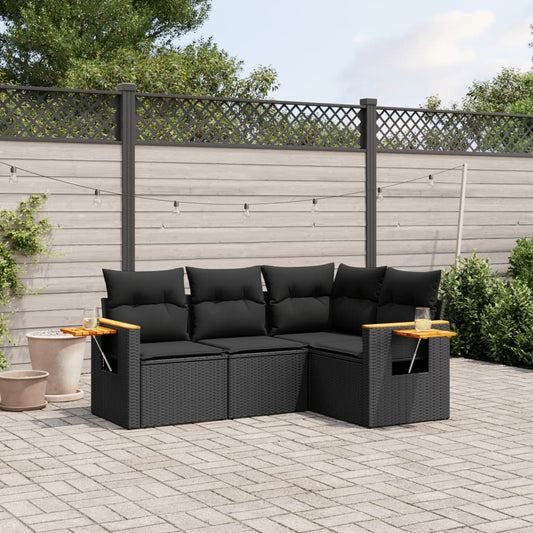 HKH 4 Pcs Conjunto de Sofás para Jardim C/ Almofadões Vime Pe - Preto