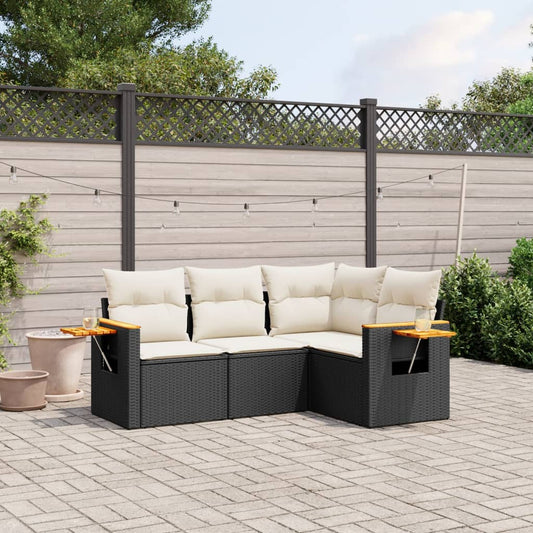 HKH 4 Pcs Conjunto de Sofás para Jardim C/ Almofadões Vime Pe - Preto